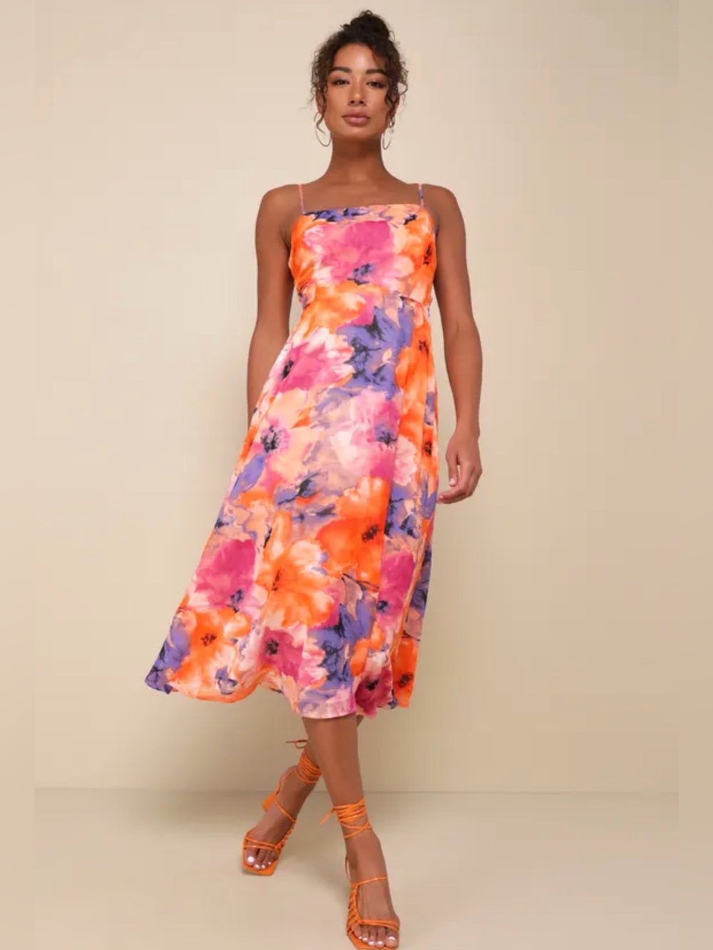 Lulus Radiant Feelings Orange and Purple Floral Chiffon Midi Dress